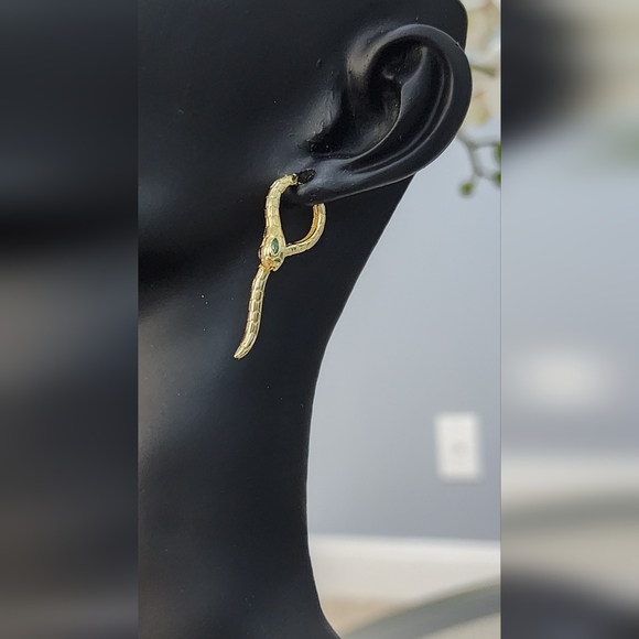 Gold Snake Earrings with Green Accent - Picture 4 of 7